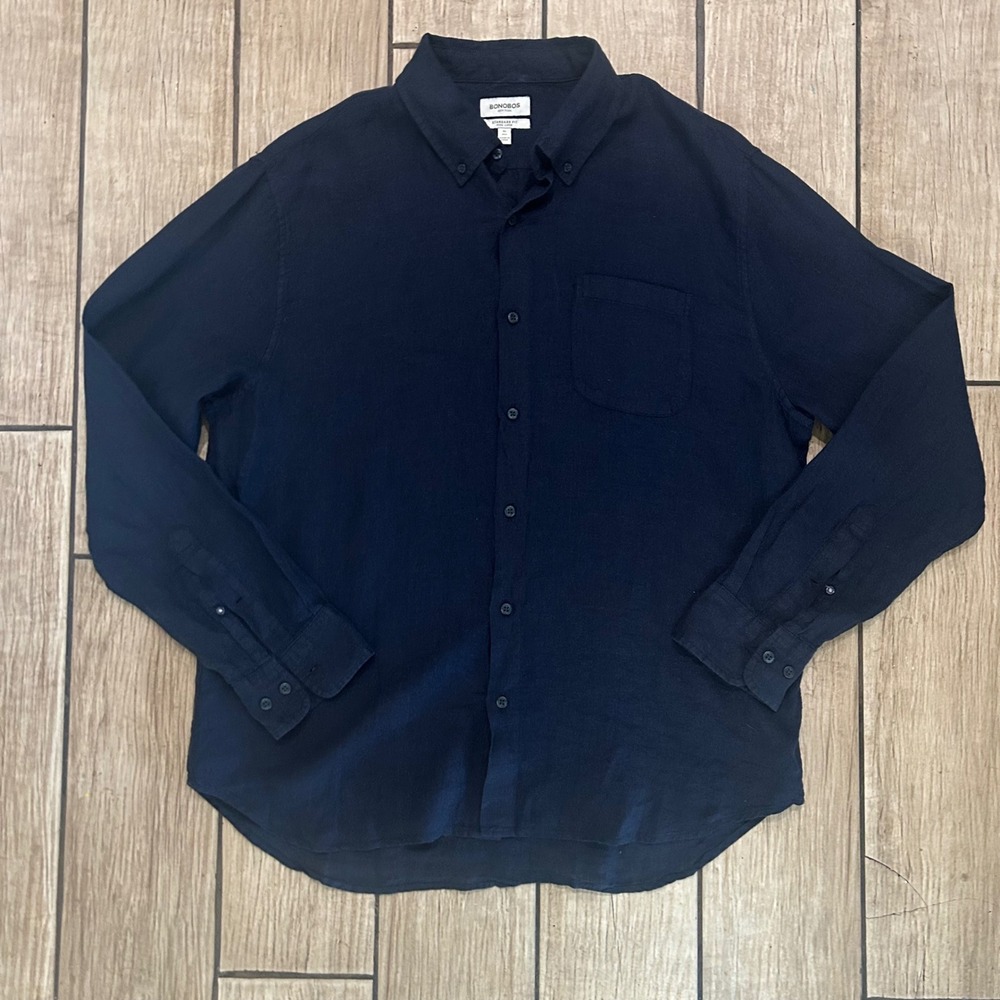 Bonobos Mens XL Standard Fit Pure Linen Navy Blue Button Down Long Sleeve Shirt